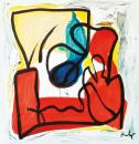 Abstract composition on red lying figure