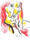 Yellow sitting nude in front of red