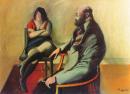 Sitting bearded man with cigar and girl