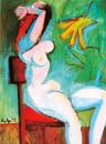 Female nude on chair with philodendron leaves