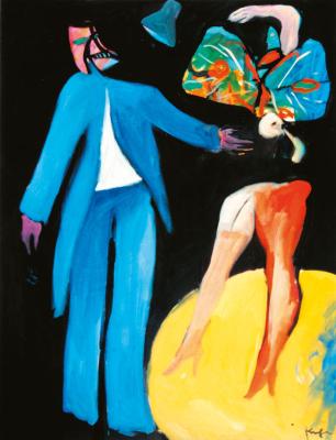 Herr in blauem Anzug und Tänzerin