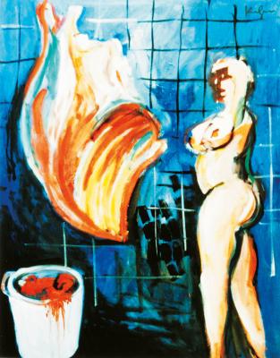 Nude in the slaughterhouse with bucket